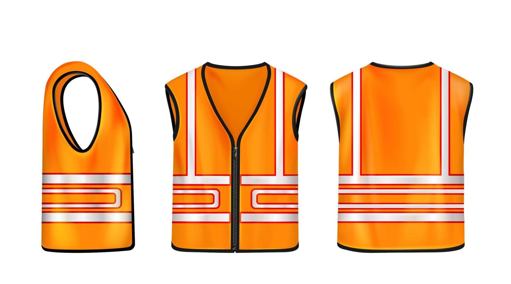 Safety vest front, side, back view, orange jacket vector