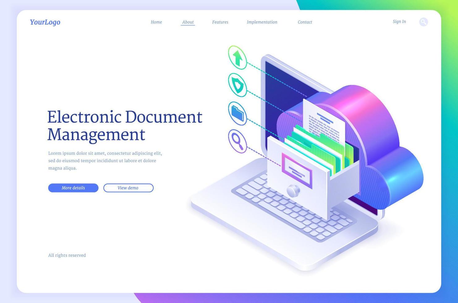 Electronic document management isometric landing vector