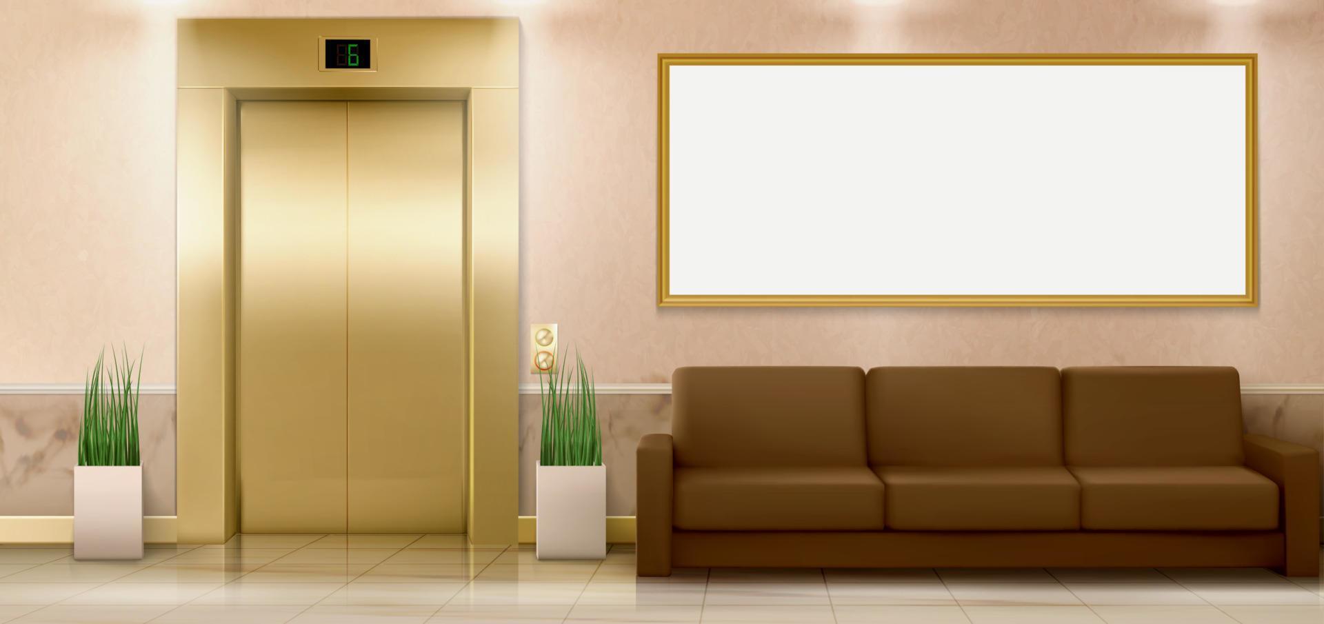 Lobby interior with gold lift, couch and banner vector