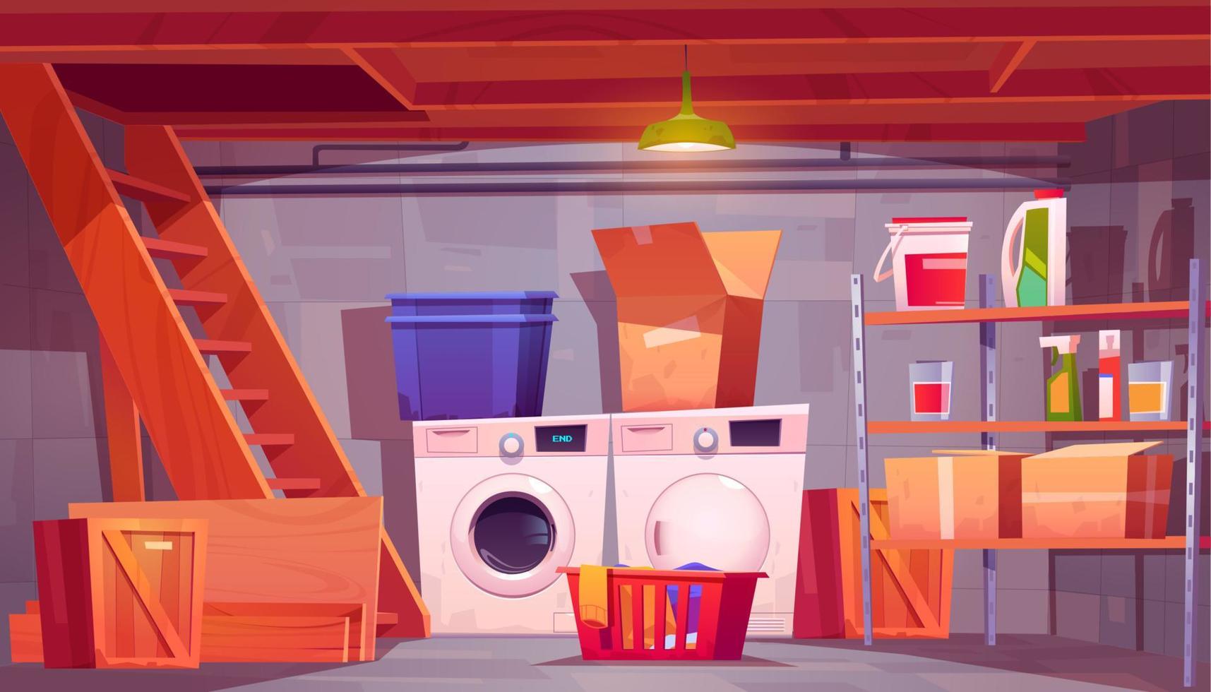 Laundry in basement, cartoon home cellar interior vector