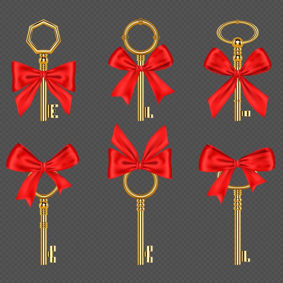 Old gold keys with tied red bow vector