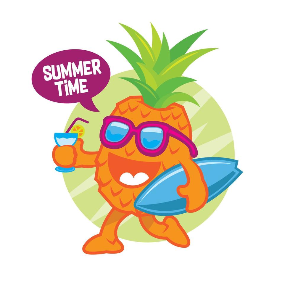 Pineapple cartoon Cartoon pineapple carries a surfboard and a glass of juice ready to summer time, good for t shirt and sticker design vector