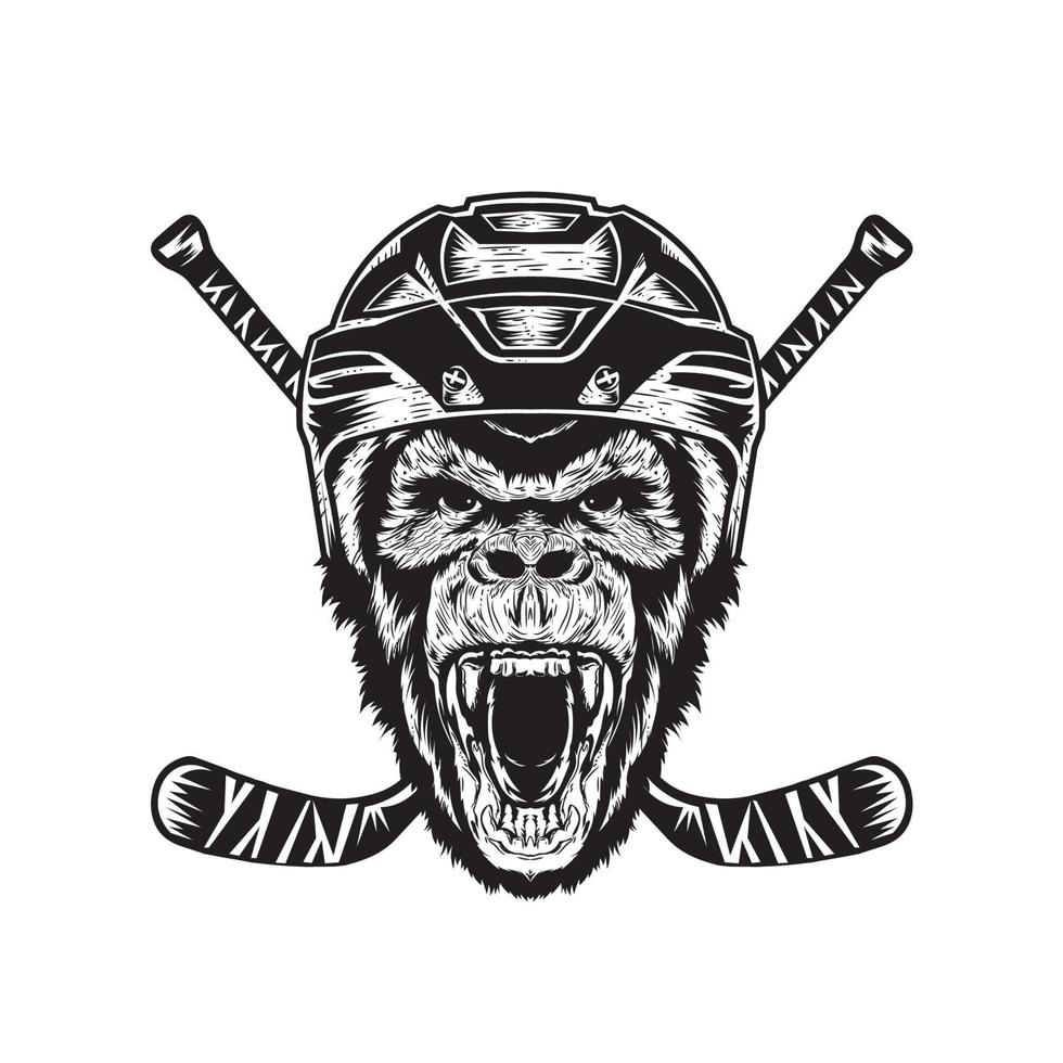 Gorilla face using hockey helmet with hockey stick across vector illustration, perfect for hockey team logo and tshirt design