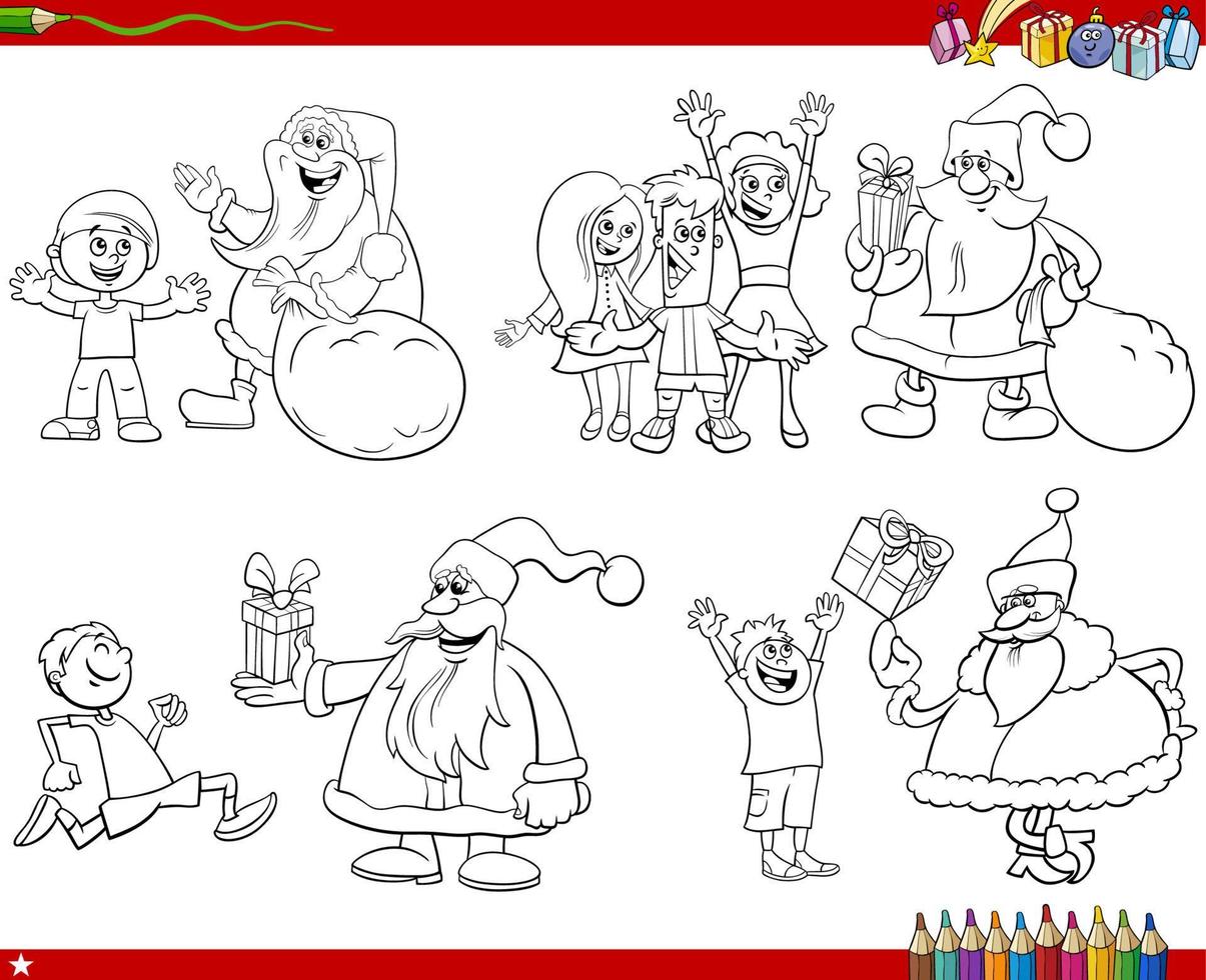 Cláusulas de Papá Noel de dibujos animados dando regalos de Navidad a los niños página para colorear vector