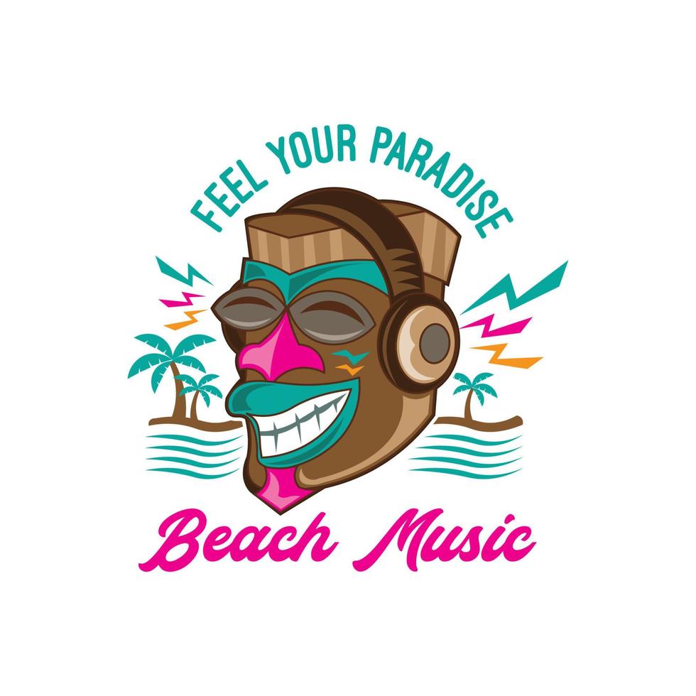 logo de playa con máscara tiki sonriente escuchando música ilustración vectorial, perfecto para el festival de música de eventos y el diseño de camisetas vector