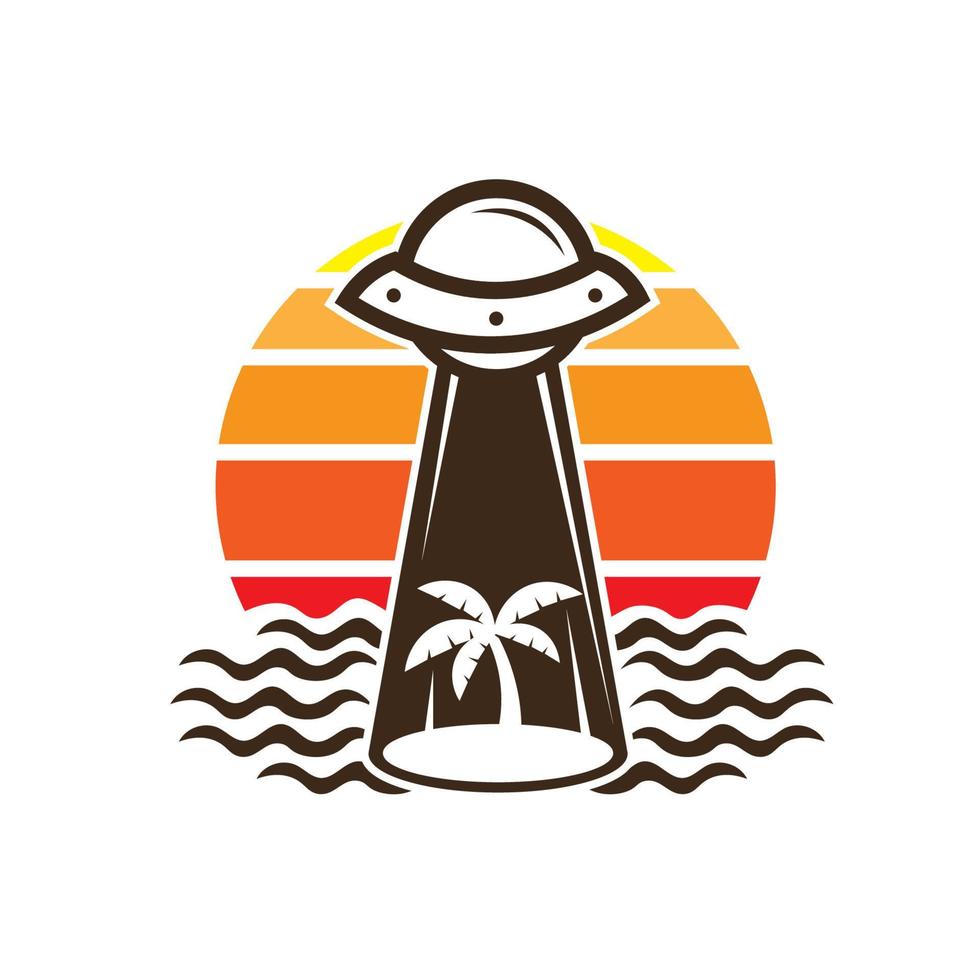 Sunset beach icon with palm tree and ufo vector illustration, perfect for t shirt design
