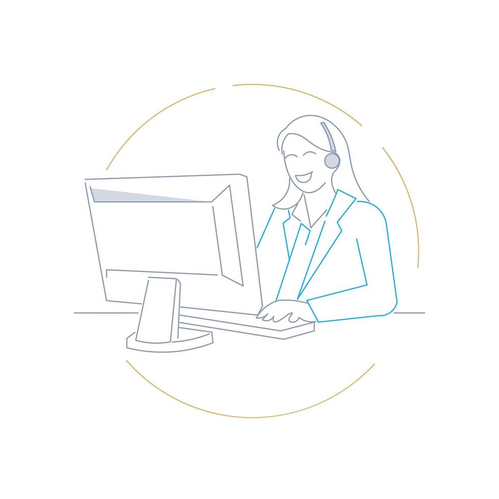 A help desk person on the computer with a customer in line draw style icon vector