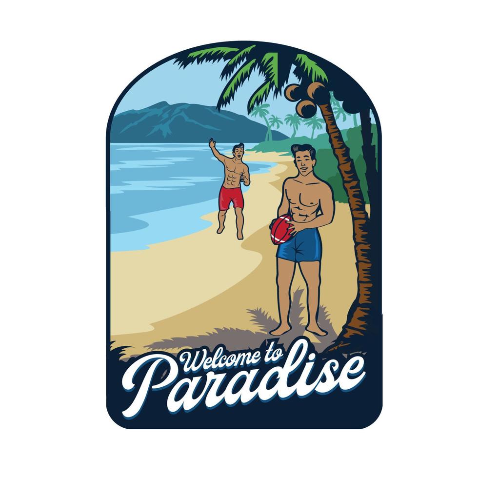 dos hombres jugando voly ball en la playa hawaii ilustración vectorial en estilo de afiche vintage, bueno para el diseño de camisetas vector