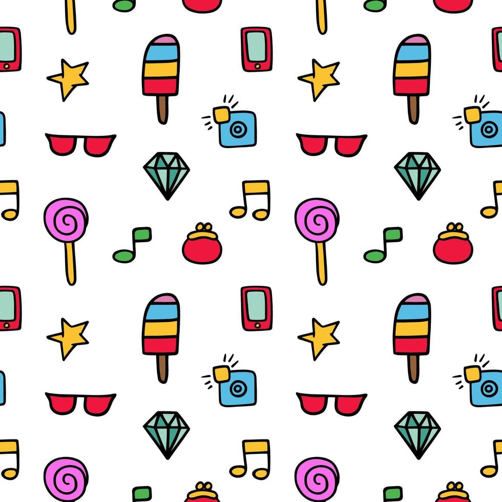Vector pattern from colored whimsical doodles, seamless texture, abstract background