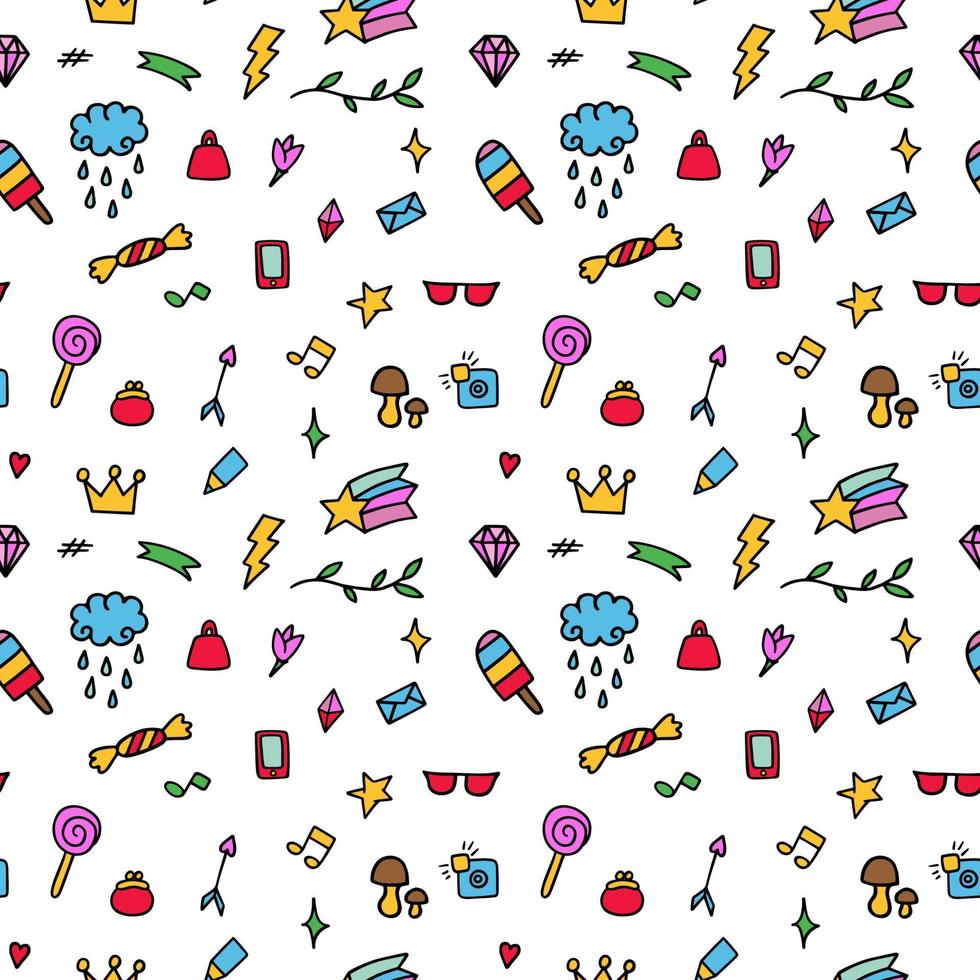 Vector seamless pattern from colored whimsical doodles, abstract background