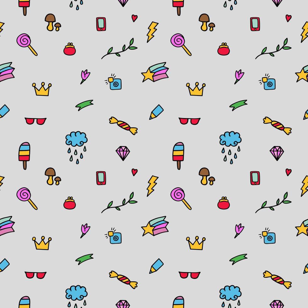 Vector seamless pattern from colored whimsical doodles, abstract background