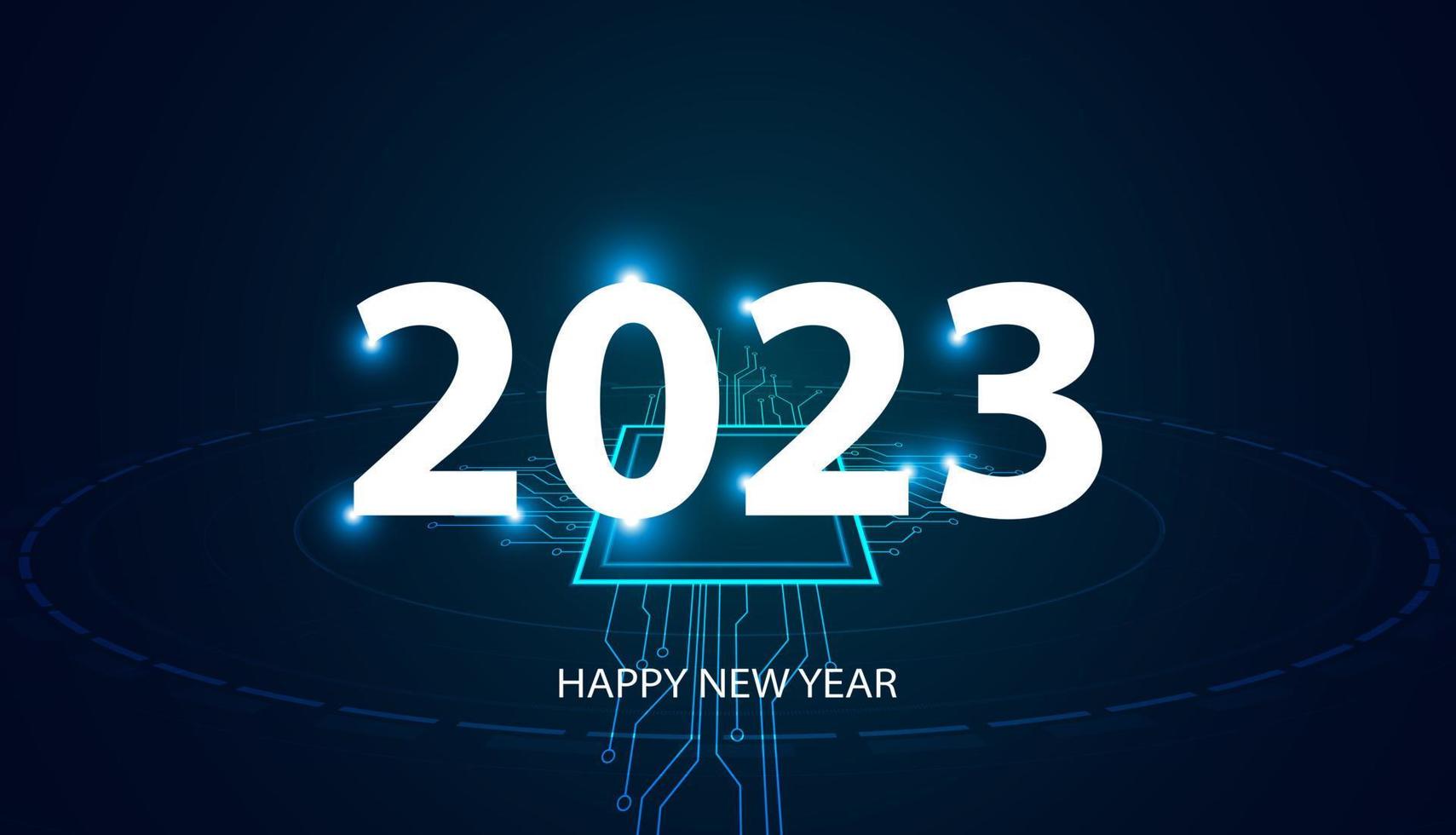 Happy new year 2023 design, technology style, blue color on modern background. vector