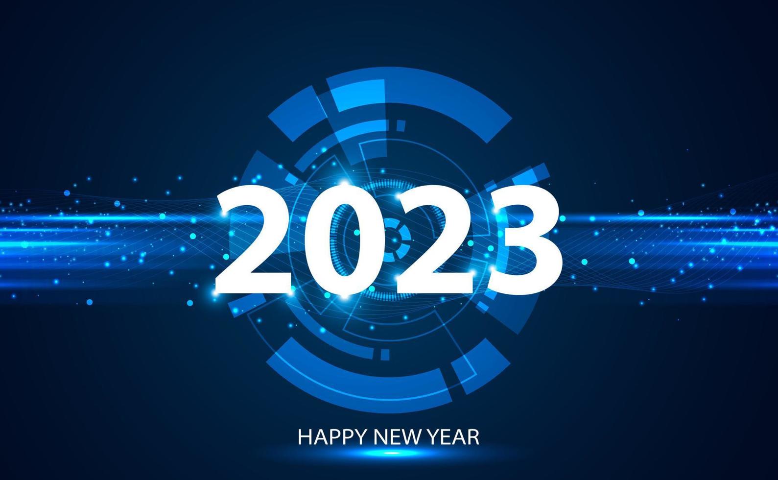 feliz año nuevo 2023 diseño, estilo tecnológico, color azul sobre fondo moderno. vector