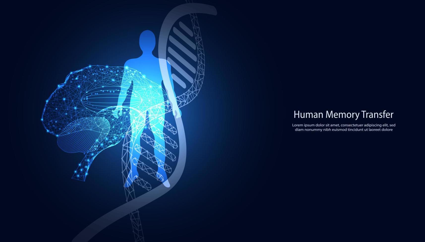 Ilustración humana digital de estructura alámbrica cerebral abstracta y concepto de ADN Transferencia de memoria humana Transmitir recuerdos de persona a persona a nivel celular vector