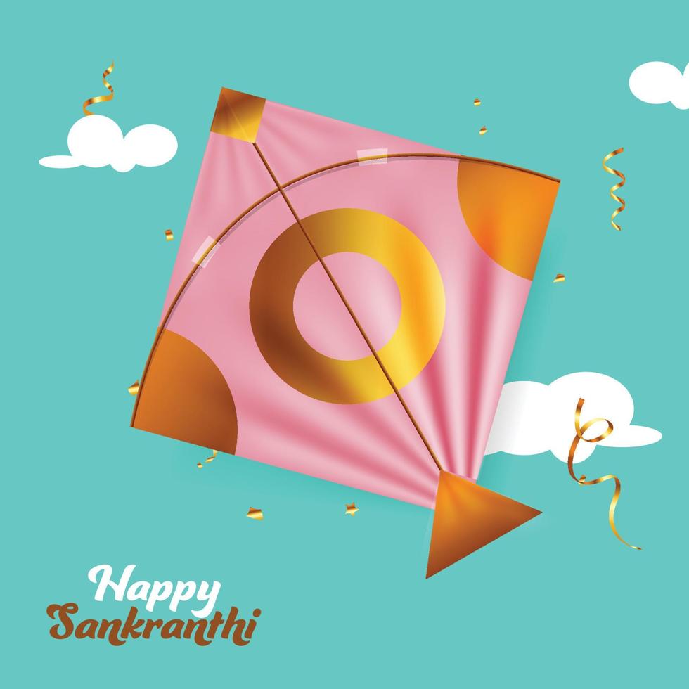 banner feliz makara sankranti con cometa dorada festiva volando vector