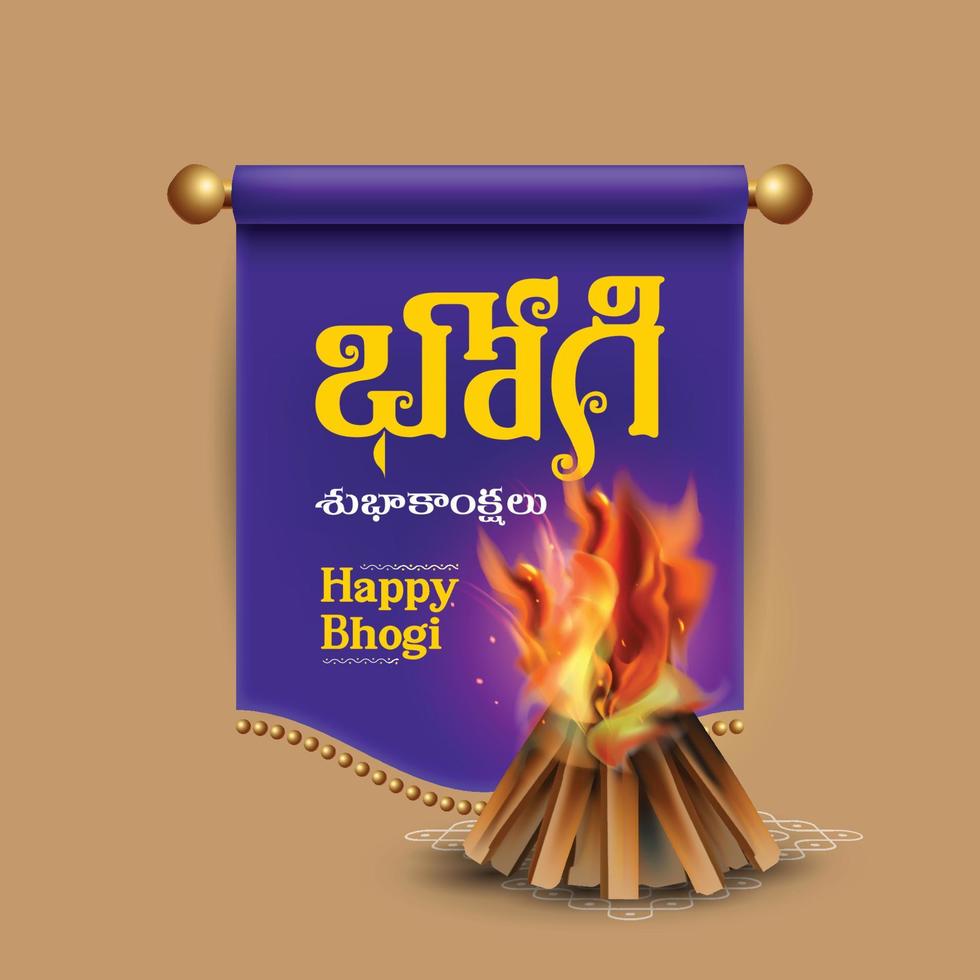 bhogi feliz escrito en idioma telugu en pergamino con fogata festiva vector