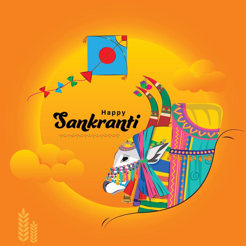 felices sankranti y pongal. un gangireddu, un buey decorado también conocido como basava con cometa voladora vector