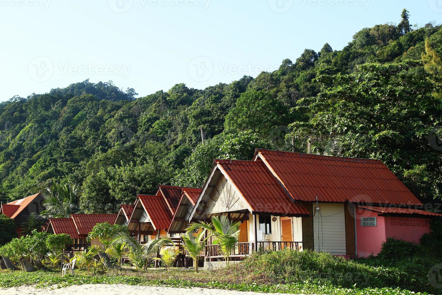 vista sobre las casas de madera cerca del mar entre palmeras sobre un fondo de selva tropical. ko chang, tailandia. foto