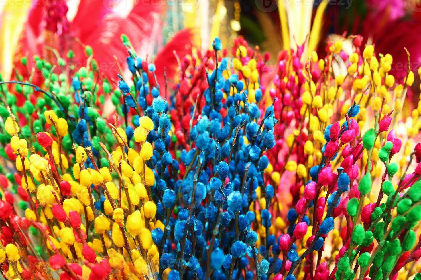 Branches of painted yellow, pink, red, blue and green colors willow on a flower market. Hue, Vietnam. photo