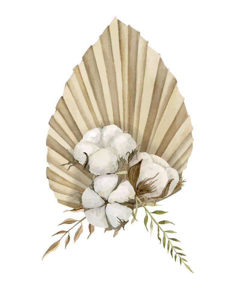 Watercolor Bohemian bouquet with tropical Dried Palm Leaf and white Cotton Flowers. Hand drawn illustration in Boho style on isolated background in beige colors. Drawing for wedding invitations. vector