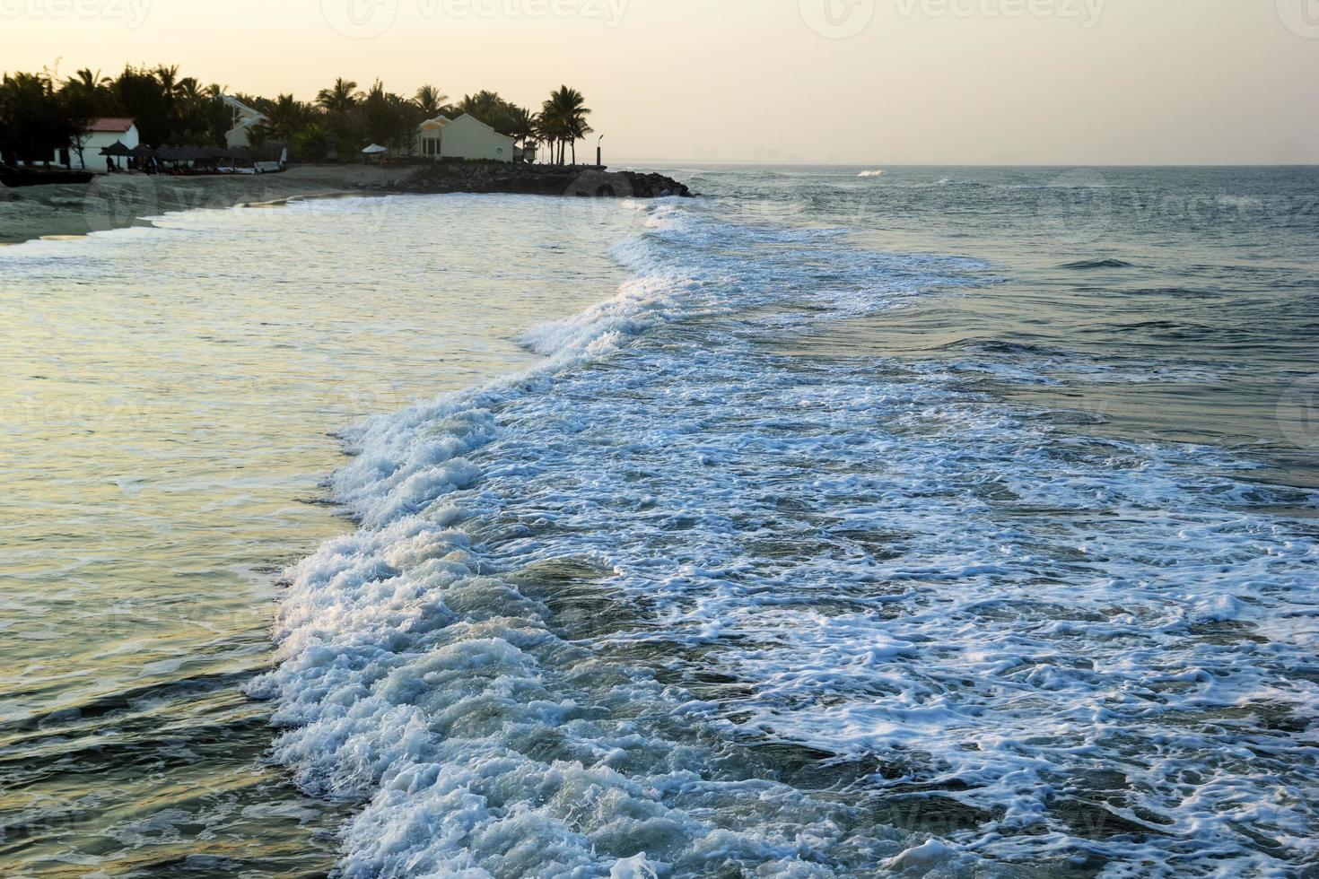 The view on the sea waves with beach houses and palm trees on a background. photo