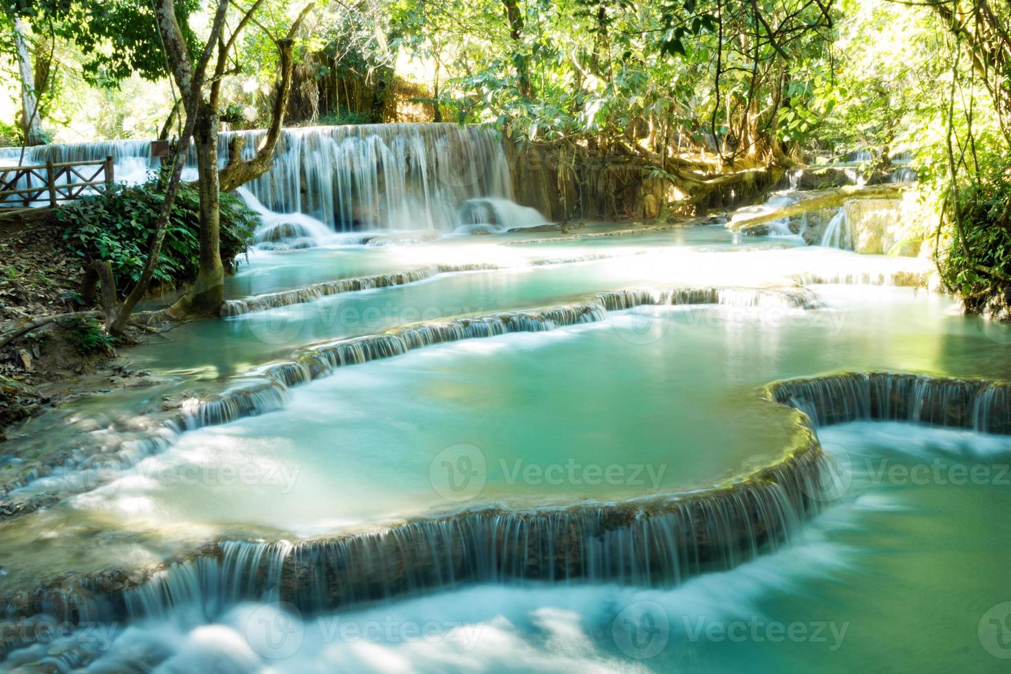 Scenic view on Kuang Si waterfall with turquoise water on a sunny day. Luangprabang, Laos. photo