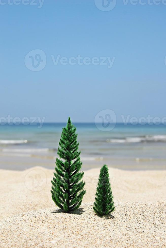 Two Christmas trees on a sandy beach on the background of blue sea and sky on a sunny day, with copy space. photo