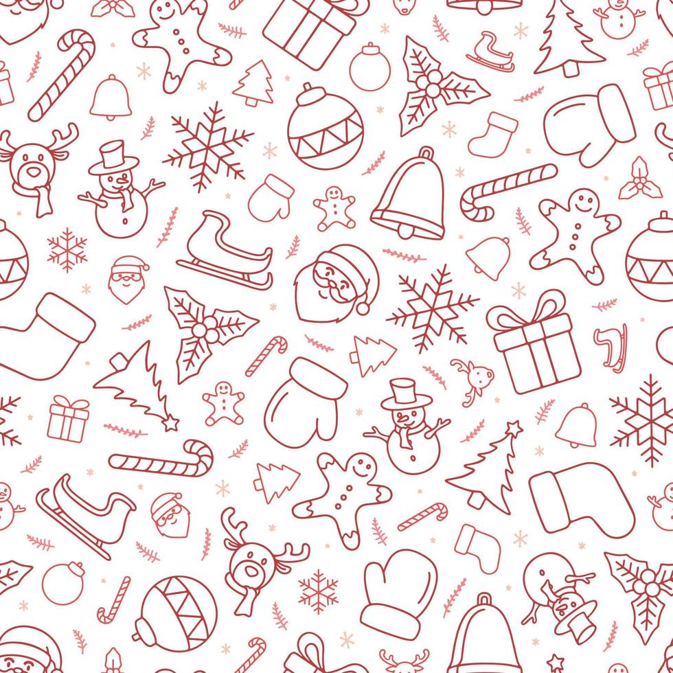 Seamless pattern of red outline Christmas doodle on transparent background vector