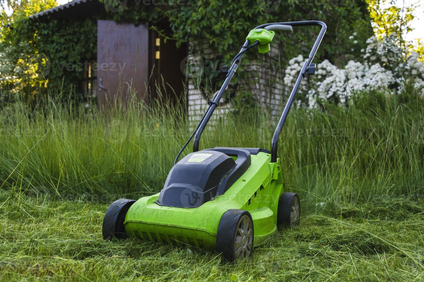 lawn mower on the grass, lawn care, mowing the grass, country cares, lawn mowing with an electric lawn mower photo