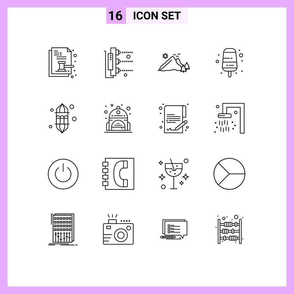 16 iconos creativos, signos y símbolos modernos de linterna, escáner de alimentos, crema, naturaleza, elementos de diseño vectorial editables vector