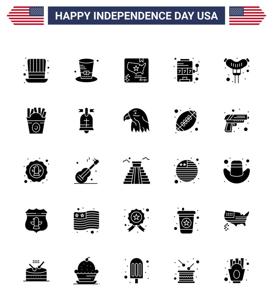 Set of 25 Modern Solid Glyph pack on USA Independence Day food frise casino sausage food Editable USA Day Vector Design Elements