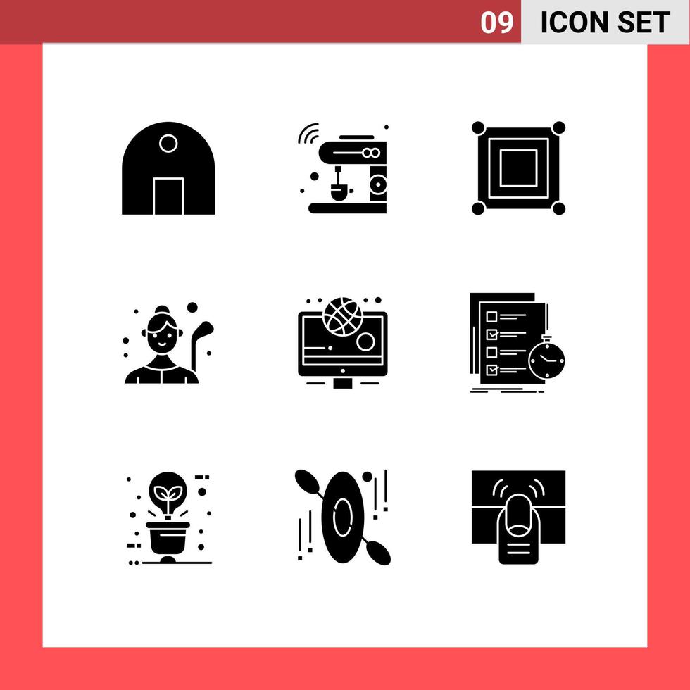 Solid Glyph Pack of 9 Universal Symbols of golfer golf machine female golf corner Editable Vector Design Elements