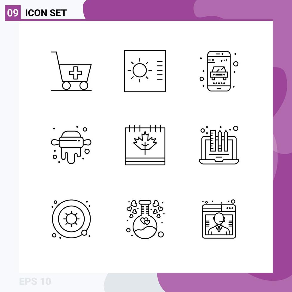 Set of 9 Vector Outlines on Grid for leaf canada service calendar rolling Editable Vector Design Elements