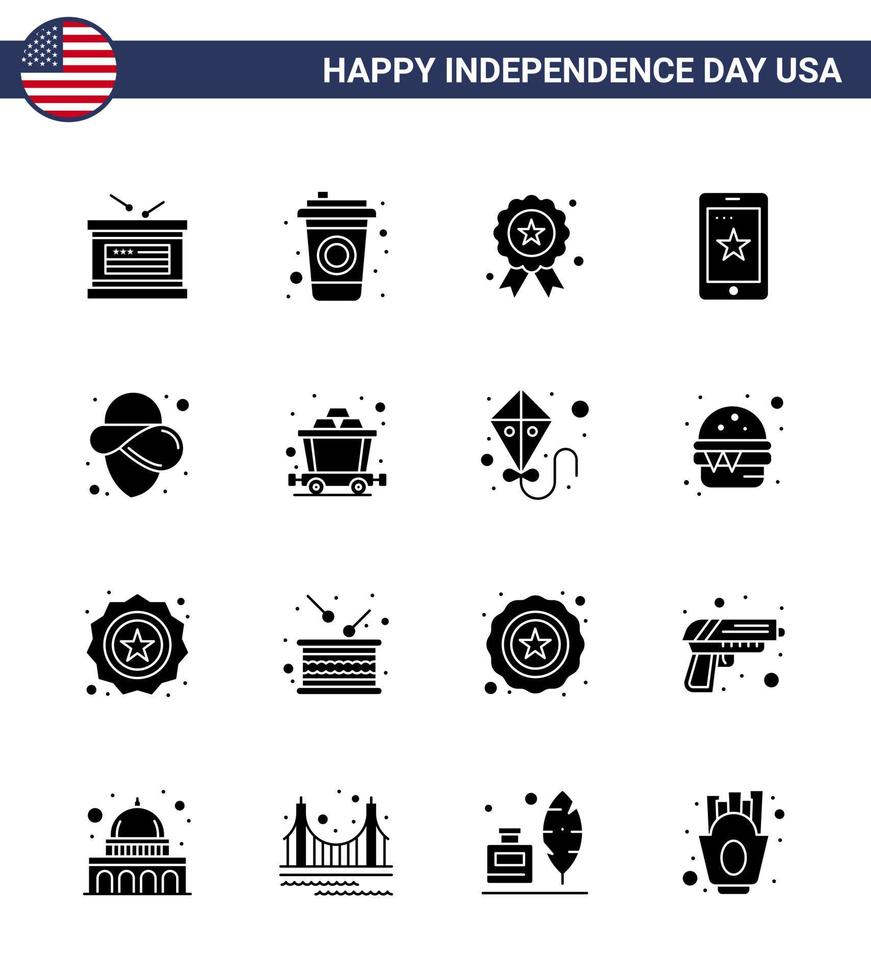 Set of 16 Vector Solid Glyphs on 4th July USA Independence Day such as hat usa independece ireland phone Editable USA Day Vector Design Elements