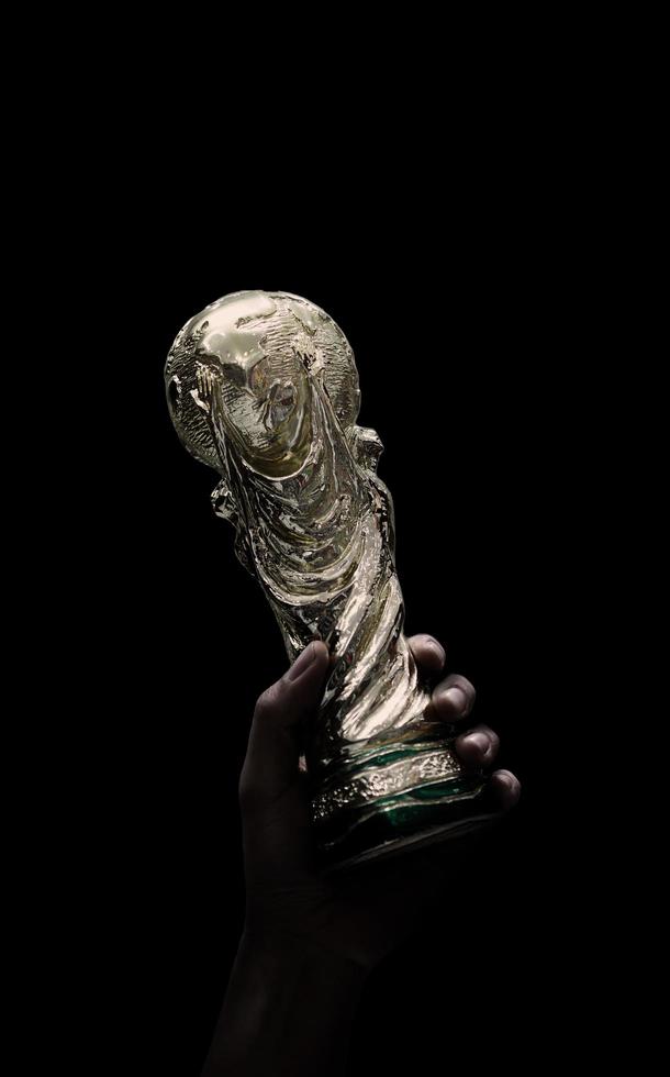 Bangkok Thailand. July 15 2018. Mock Up of the FIFA World Cup Trophy in hand photo