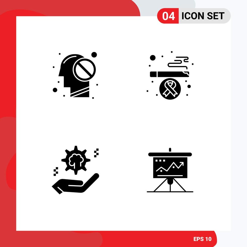 Mobile Interface Solid Glyph Set of 4 Pictograms of human cog forbidden smoking solution Editable Vector Design Elements