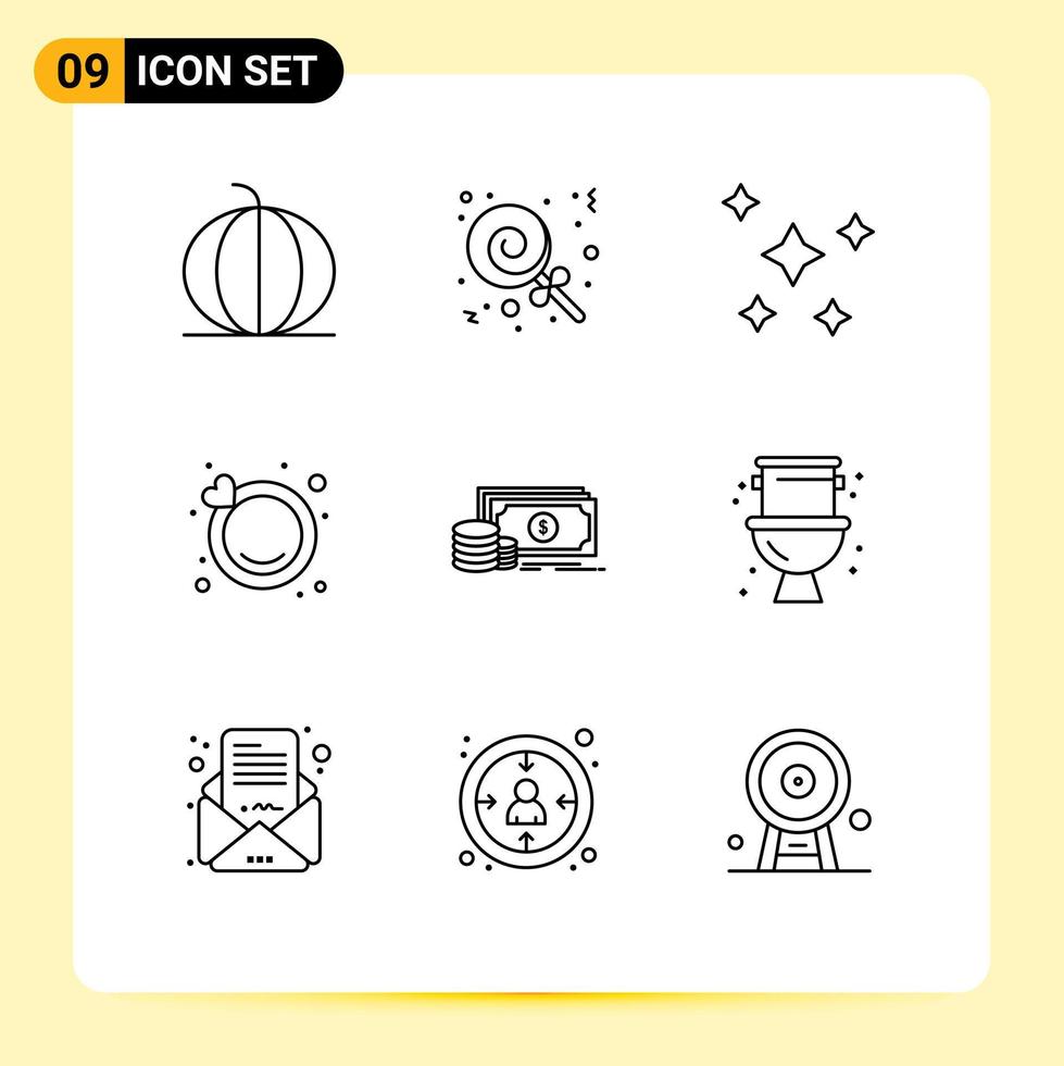 Pack of 9 Modern Outlines Signs and Symbols for Web Print Media such as investment wedding nature ring sky Editable Vector Design Elements