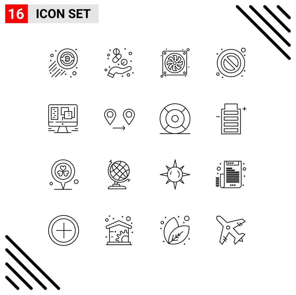 Pack of 16 Modern Outlines Signs and Symbols for Web Print Media such as window computer casing warning forbidden Editable Vector Design Elements