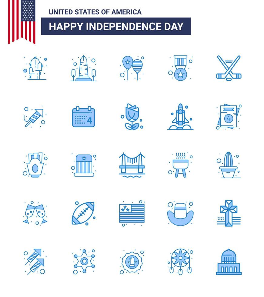 Happy Independence Day 4th July Set of 25 Blues American Pictograph of military badge washington award party Editable USA Day Vector Design Elements