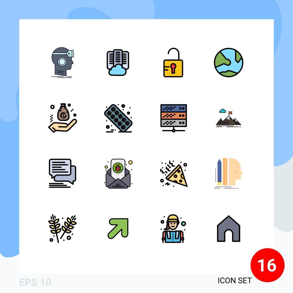 Mobile Interface Flat Color Filled Line Set of 16 Pictograms of bag online server network app Editable Creative Vector Design Elements