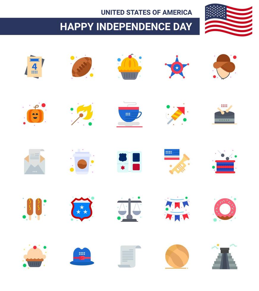 USA Independence Day Flat Set of 25 USA Pictograms of hat usa muffin usa police Editable USA Day Vector Design Elements