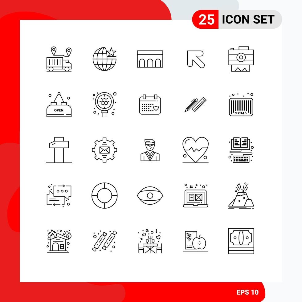 Set of 25 Commercial Lines pack for camera up stare arrow historic Editable Vector Design Elements