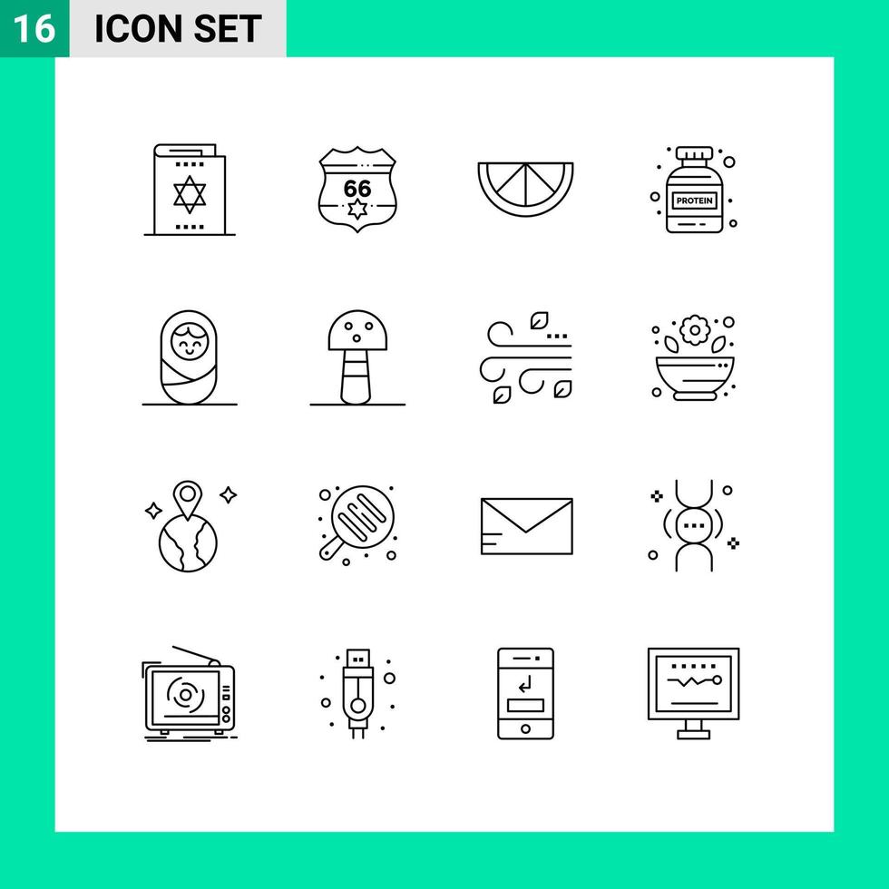Modern Set of 16 Outlines Pictograph of mushroom boy security baby protein Editable Vector Design Elements