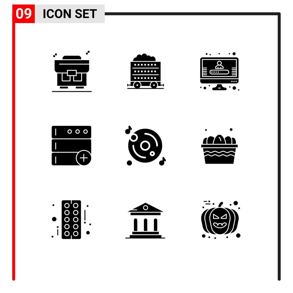 Set of 9 Commercial Solid Glyphs pack for cart music profile cd new Editable Vector Design Elements