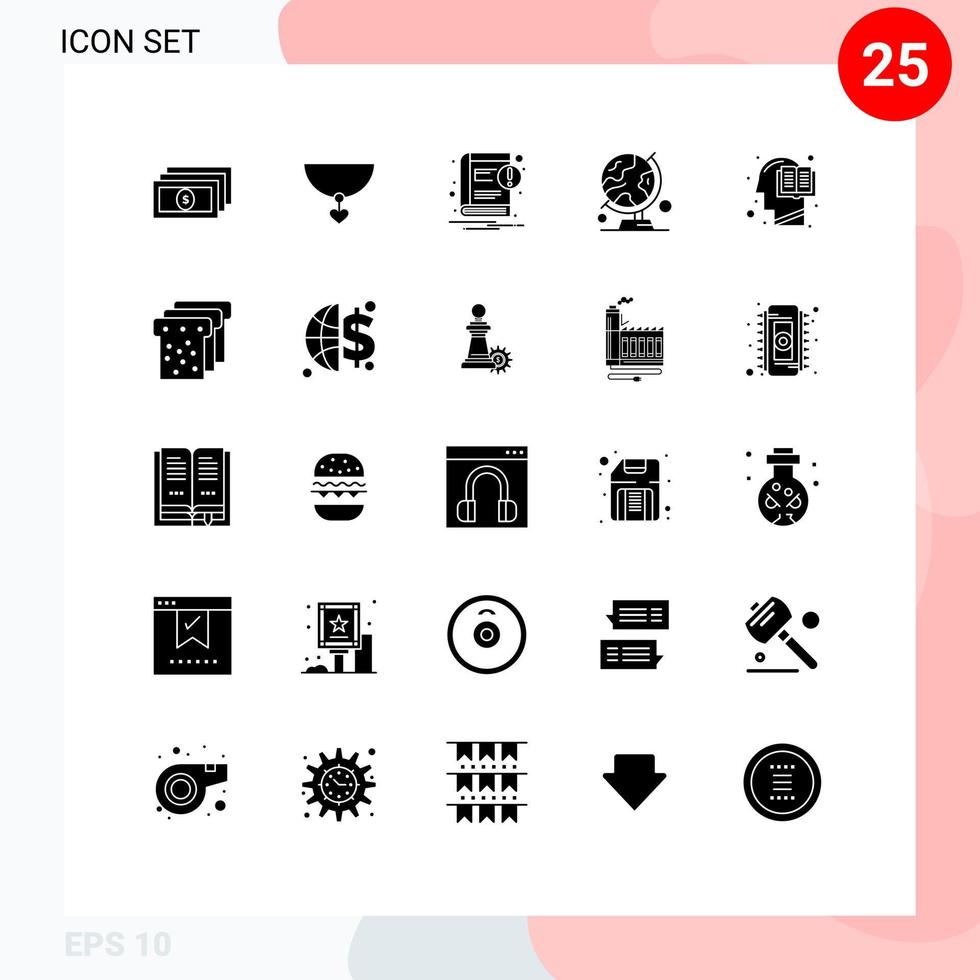 25 User Interface Solid Glyph Pack of modern Signs and Symbols of head book notice table globe map Editable Vector Design Elements