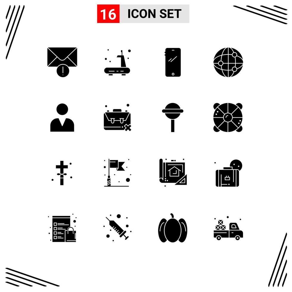16 User Interface Solid Glyph Pack of modern Signs and Symbols of user administrator smart phone internet world Editable Vector Design Elements