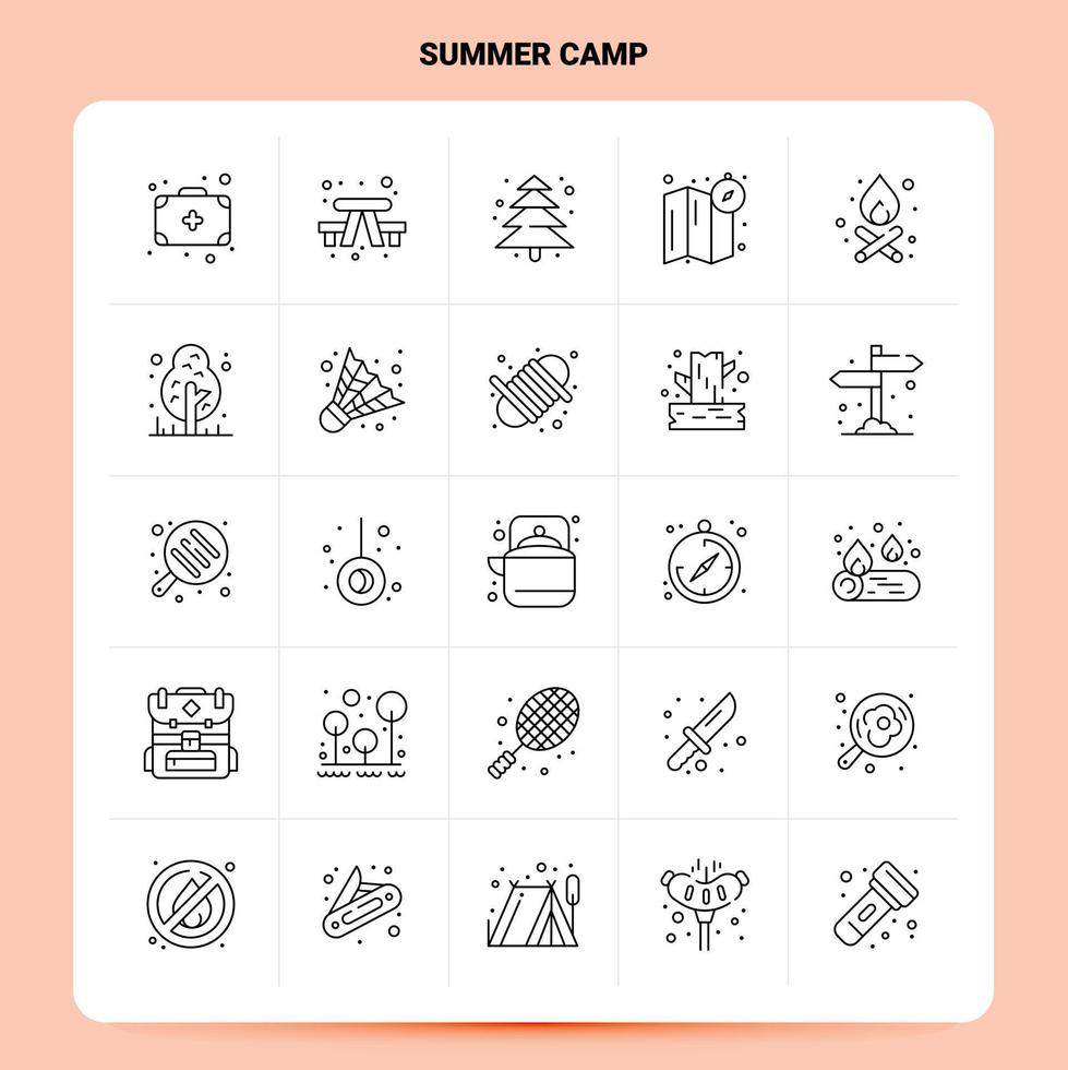 contorno 25 conjunto de iconos de campamento de verano diseño de estilo de línea vectorial conjunto de iconos negros paquete de pictogramas lineales diseño de ideas de negocios web y móviles ilustración vectorial vector