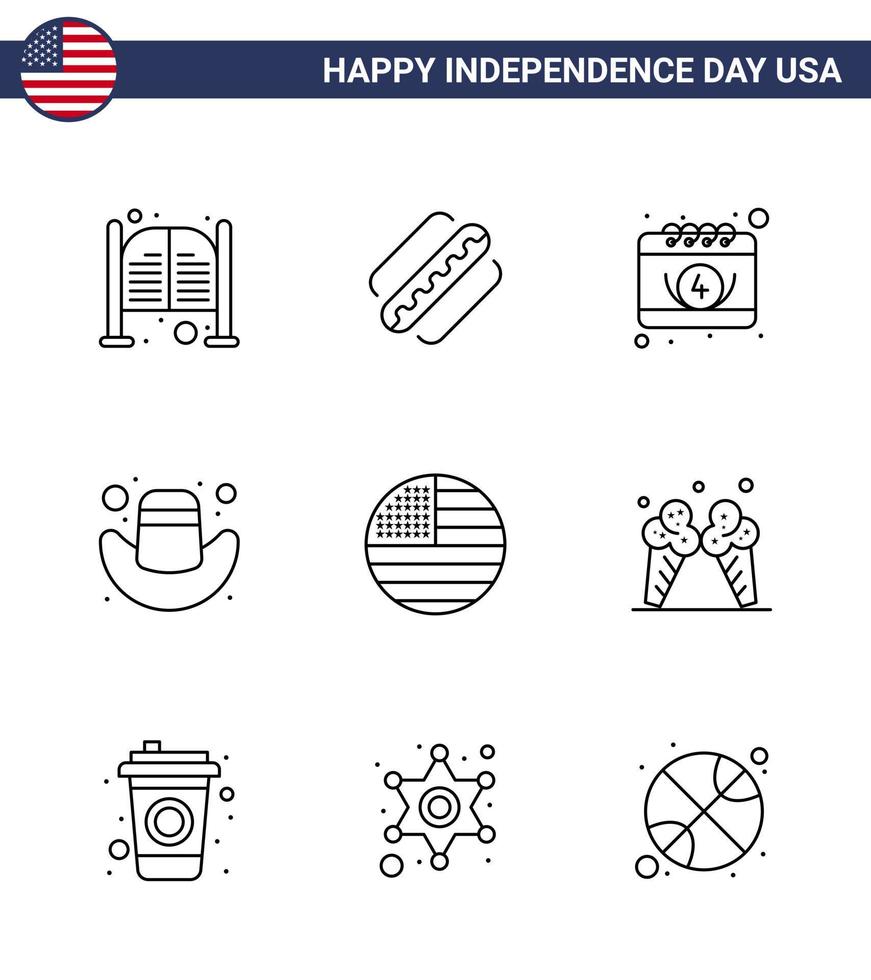 conjunto de líneas del día de la independencia de estados unidos de 9 pictogramas de estados unidos de sombrero de bandera estados tapa día elementos de diseño de vector de día de estados unidos editables