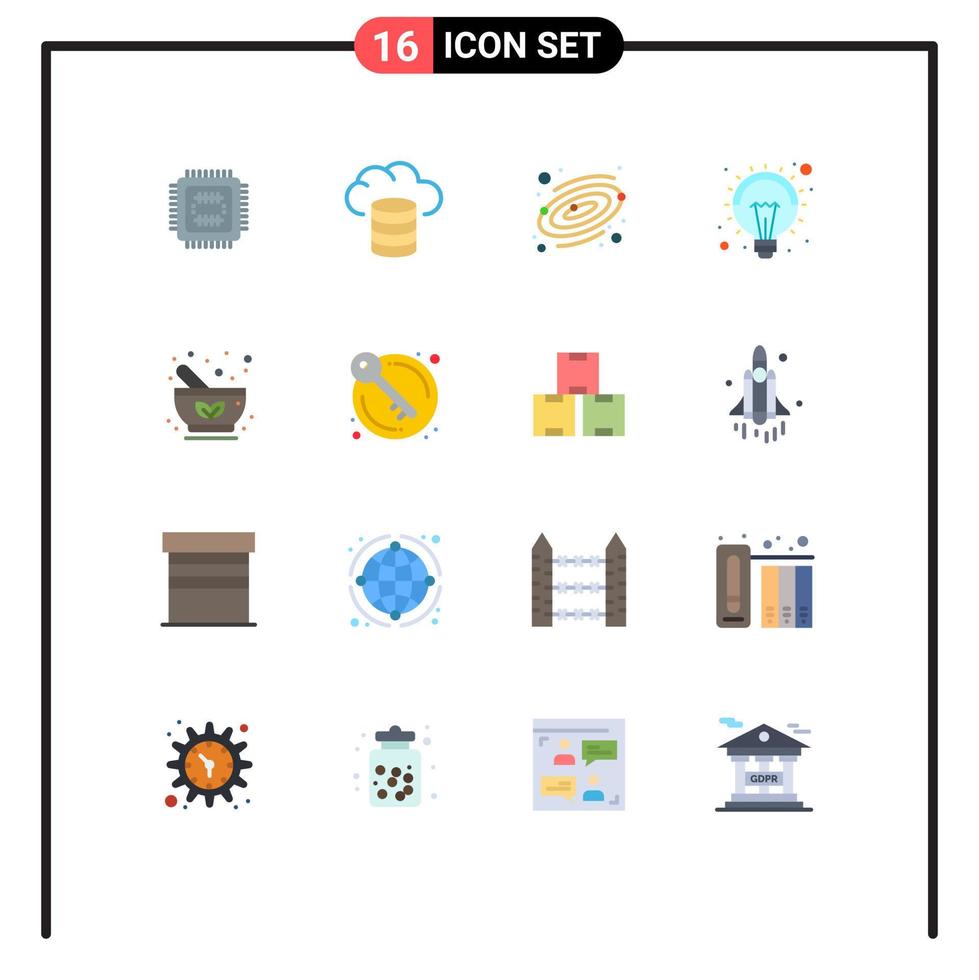Pack of 16 Modern Flat Colors Signs and Symbols for Web Print Media such as pharmacy drug planet bowl light Editable Pack of Creative Vector Design Elements