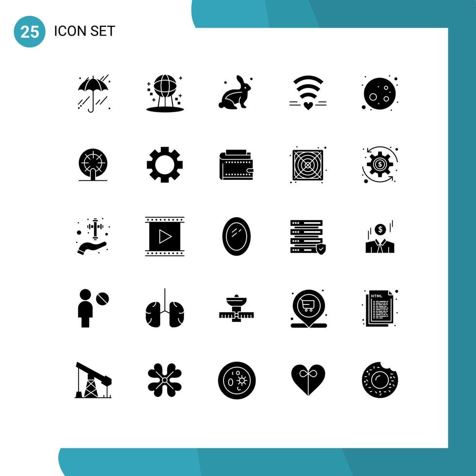 Modern Set of 25 Solid Glyphs and symbols such as planet full moon robbit heart love Editable Vector Design Elements